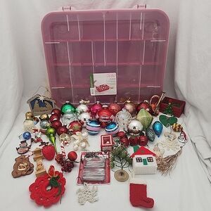Ornament Christmas Lot & Case Glass, Mercury, Shiny Bright, Wood Antiq Vtg 56 Pc